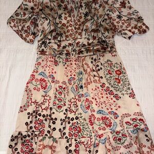 ba&sh Cream Floral Midi Dress with Red, Blue and Green Print